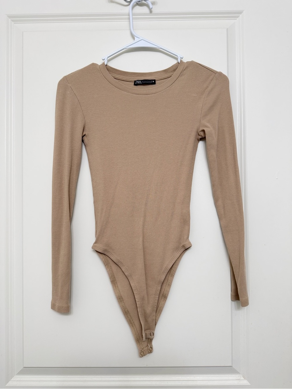 Zara Beige Long-Sleeve Ribbed One-Piece Bodysuit
